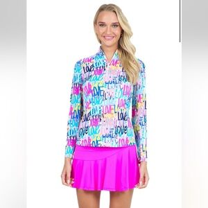 Ibkul Long Sleeve Zip Mock LIMITED EDITION SERIES AIMEE-HOT PINK/MULTI SPF 50 XS